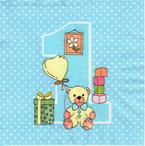 20 Servietten erster Geburtstag mit Teddy blau, Junge, Babyparty, 1. Geburtstag Junge Servietten, Tischdeko, 33x33 cm von Maki