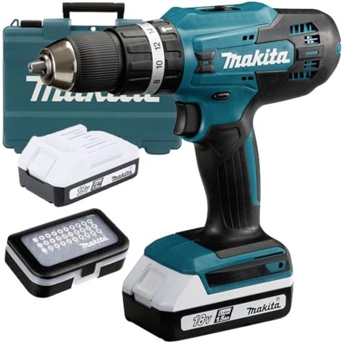 Makita HP488D011 Akku-Schlagbohrschrauber 18 V 1.5 Ah Li-Ion inkl. 2. Akku, inkl. Ladegerät, inkl. Koffer, mit Zubehör von Makita