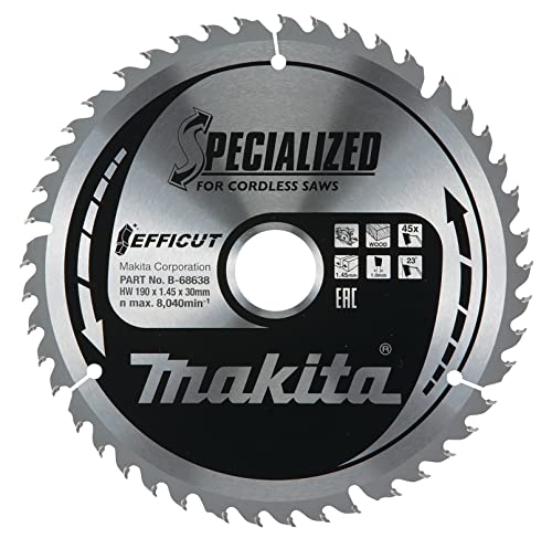 Makita B-68638 EFFICUT Metal Kreissägeblatt Ø 190 x 1,45 x 30 mm, 45 Zähne, 23° Zahnwinkel, für saubere und schnelle Schnitte in Holz, für Akku-Handkreissägen von Makita