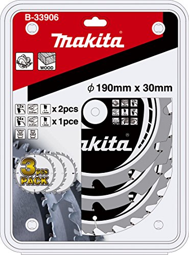 Makita B-33906 MAKFORCE Kreissägeblatt-Set 3-teilig 190 x 30 mm, 2x 12 Zähne (Schnittbreite 2,0 mm), 1x 24 Zähne (Schnittbreite 2,2 mm), inklusive Reduzierringe 1x 30 auf 20 mm, 1x 30 auf 15,88 mm, saubere Längs- und Querschnitte von Makita