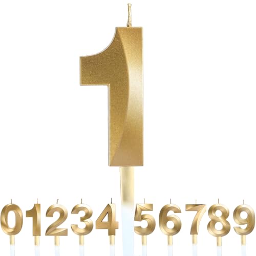 1 Stück 3D Design Gold Glitter Geburtstagskerze - Nummer 1, Nummer Kerzen, Cake Topper Dekorationen, Kuchen Kerze für Geburtstagsparty, Hochzeitstag, Baby-Dusche, Party-Dekoration von Makoto Nobu