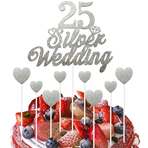 9 Stück Kuchendekorationen zum 25. Hochzeitstag Set, Kuchendekorationen für die Silber Hochzeit, Glitzernde Kuchendekoration zum 25. Jubiläumsfeier Partyzubehör von Makoto Nobu