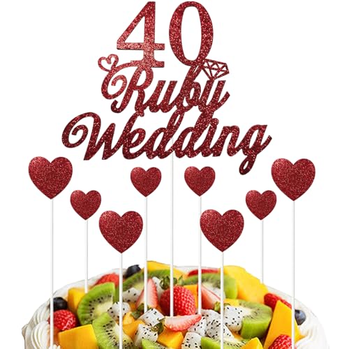 9 Stück Kuchendekorationen zum 40. Hochzeitstag Set, Kuchendekorationen für die Rote Hochzeit, Glitzernde Kuchendekoration zum 40. Jubiläumsfeier Partyzubehör von Makoto Nobu