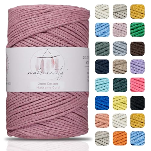 Makromecity, Baumwolle Makramee Garn 2mm x 180m Dusty Rose Recycelte Baumwolle zum Häkeln Cotton Macrame Cord für Handwerk Wohndekorationen Platzteller Umhängetasche Häkeltaschen Runner von Makromecity