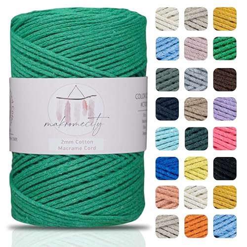 Makromecity, Baumwolle Makramee Garn 2mm x 180m Benetton Green Recycelte Baumwolle zum Häkeln Cotton Macrame Cord für Handwerk Wohndekorationen Platzteller Umhängetasche Häkeltaschen Runner von Makromecity