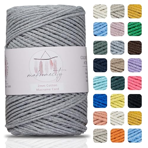 Makromecity, Baumwolle Makramee Garn 2mm x 180m Grau Recycelte Baumwolle zum Häkeln Cotton Macrame Cord für Handwerk Wohndekorationen Platzteller Umhängetasche Häkeltaschen Runner von Makromecity