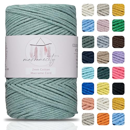 Makromecity, Baumwolle Makramee Garn 2mm x 180m Kreppgrün Recycelte Baumwolle zum Häkeln Cotton Macrame Cord für Handwerk Wohndekorationen Platzteller Umhängetasche Häkeltaschen Runner von Makromecity