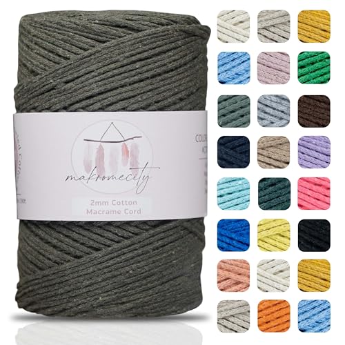 Makromecity, Baumwolle Makramee Garn 2mm x 180m Olivgrün Recycelte Baumwolle zum Häkeln Cotton Macrame Cord für Handwerk Wohndekorationen Platzteller Umhängetasche Häkeltaschen Runner von Makromecity