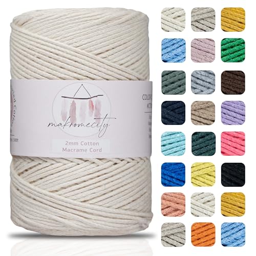 Makromecity, Baumwolle Makramee Garn 2mm x 180m Recycelte Baumwolle zum Häkeln Cotton Macrame Cord für Handwerk Wohndekorationen Platzteller Umhängetasche Häkeltaschen Runner (Natur) von Makromecity