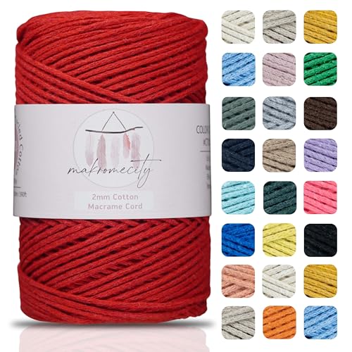 Makromecity, Baumwolle Makramee Garn 2mm x 180m Recycelte Baumwolle zum Häkeln Cotton Macrame Cord für Handwerk Wohndekorationen Platzteller Umhängetasche Häkeltaschen Runner (Rot) von Makromecity