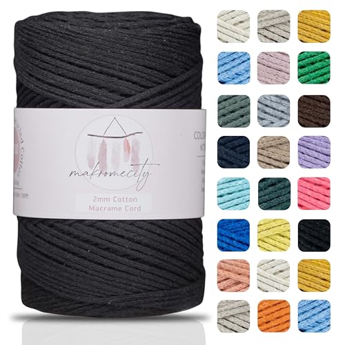 Makromecity, Baumwolle Makramee Garn 2mm x 180m Recycelte Baumwolle zum Häkeln Cotton Macrame Cord für Handwerk Wohndekorationen Platzteller Umhängetasche Häkeltaschen Runner (Schwarz) von Makromecity