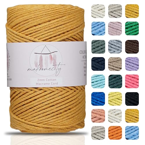 Makromecity, Baumwolle Makramee Garn 2mm x 180m Recycelte Baumwolle zum Häkeln Cotton Macrame Cord für Handwerk Wohndekorationen Platzteller Umhängetasche Häkeltaschen Runner (Senf) von Makromecity