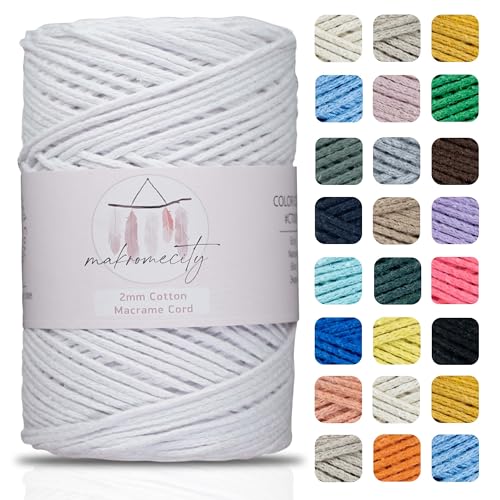 Makromecity, Baumwolle Makramee Garn 2mm x 180m Recycelte Baumwolle zum Häkeln Cotton Macrame Cord für Handwerk Wohndekorationen Platzteller Umhängetasche Häkeltaschen Runner (Weiß) von Makromecity