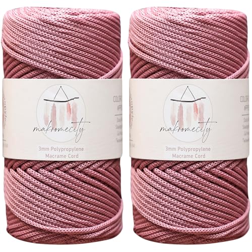 Makromecity 2 Strang Makramee Garn 3mm x 120m Staubige Rose Premium Polyester Makramee Schnur Polypropylene Basteln für Wandbehänge Umhängetasche Handtasche Runner Schnullerkette Platzteller von Makromecity