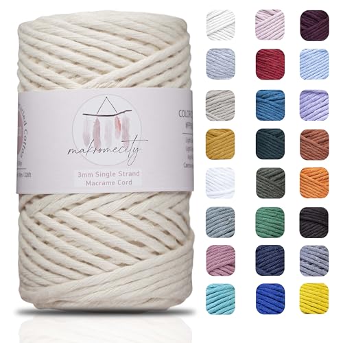 Makromecity Makramee Garn 3mm x 90m (109yards) Premium Single Twisted Macrame Cord Baumwollgarn für Handwerk Schlüsselanhänger Wohndekorationen Platzteller Umhängetasche Handtasche Runner von Makromecity