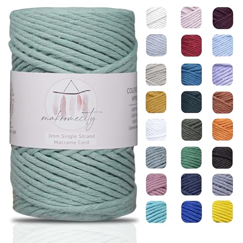 Makromecity Makramee Garn 3mm x 100m Premium Single Twisted Macrame Cord Baumwollgarn für Handwerk Schlüsselanhänger Wohndekorationen Platzteller Umhängetasche Handtasche Runner von Makromecity