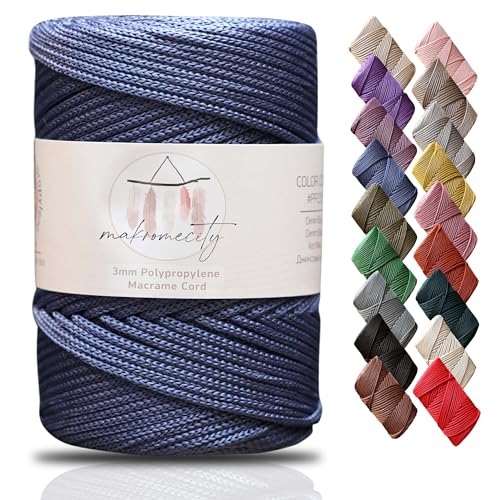 Makromecity Makramee Garn 3mm x 120m Denim Blau Premium Polyester Makramee Schnur Polypropylene Yarn Basteln für Wandbehänge Umhängetasche Handtasche Runner Schnullerkette Platzteller von Makromecity