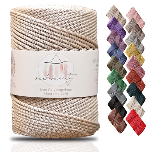 Makromecity Makramee Garn 3mm x 120m Latte Premium Polyester Makramee Schnur Polypropylene Yarn Basteln für Wandbehänge Umhängetasche Handtasche Runner Schnullerkette Platzteller von Makromecity