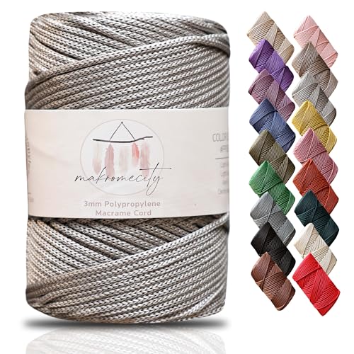 Makromecity Makramee Garn 3mm x 120m Light Grau Premium Polyester Makramee Schnur Polypropylene Yarn Basteln für Wandbehänge Umhängetasche Handtasche Runner Schnullerkette Platzteller von Makromecity