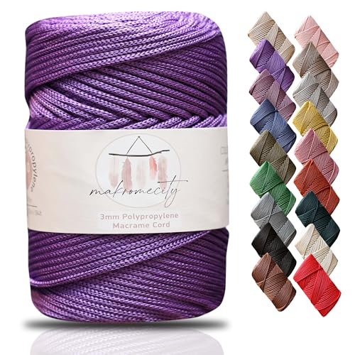 Makromecity Makramee Garn 3mm x 120m Lila Premium Polyester Makramee Schnur Polypropylene Yarn Basteln für Wandbehänge Umhängetasche Handtasche Runner Schnullerkette Platzteller von Makromecity