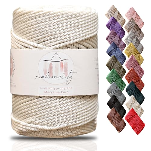 Makromecity Makramee Garn 3mm x 120m Natur Premium Polyester Makramee Schnur Polypropylene Yarn Basteln für Wandbehänge Umhängetasche Handtasche Runner Schnullerkette Platzteller von Makromecity