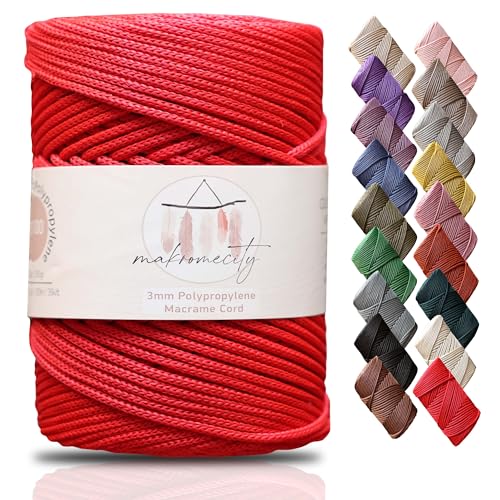 Makromecity Makramee Garn 3mm x 120m Rot Premium Polyester Makramee Schnur Polypropylene Yarn Basteln für Wandbehänge Umhängetasche Handtasche Runner Schnullerkette Platzteller von Makromecity