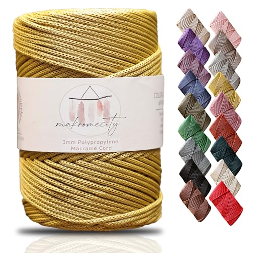 Makromecity Makramee Garn 3mm x 120m Senf Premium Polyester Makramee Schnur Polypropylene Yarn Basteln für Wandbehänge Umhängetasche Handtasche Runner Schnullerkette Platzteller von Makromecity