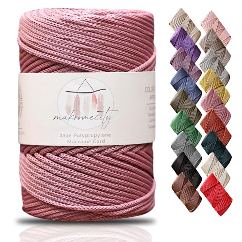 Makromecity Makramee Garn 3mm x 120m Staubige Rose Premium Polyester Makramee Schnur Polypropylene Yarn Basteln für Wandbehänge Umhängetasche Handtasche Runner Schnullerkette Platzteller von Makromecity