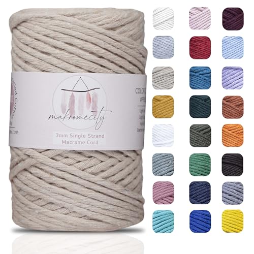 Makromecity Makramee Garn 3mm x 100m Premium Single Twisted Macrame Cord Baumwollgarn für Handwerk Schlüsselanhänger Wohndekorationen Platzteller Umhängetasche Handtasche Runner von Makromecity