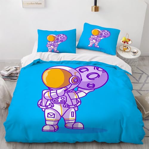 Bettwäsche135x200cm Kawaii Weltraum Astronaut Bettwäsche 3 teilig mit 2 Kissenbezug 80x80cm Bunte Stilvolle Gouache-Malerei Mikrofaser Bettbezüge Set mit Reißverschluss von Malaoshi