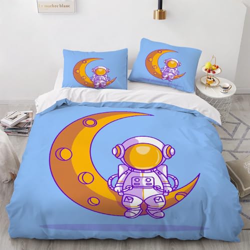 Bettwäsche200x200cm Kawaii Weltraum Astronaut Bettwäsche 3 teilig mit 2 Kissenbezug 80x80cm Bunte Stilvolle Gouache-Malerei Mikrofaser Bettbezüge Set mit Reißverschluss von Malaoshi