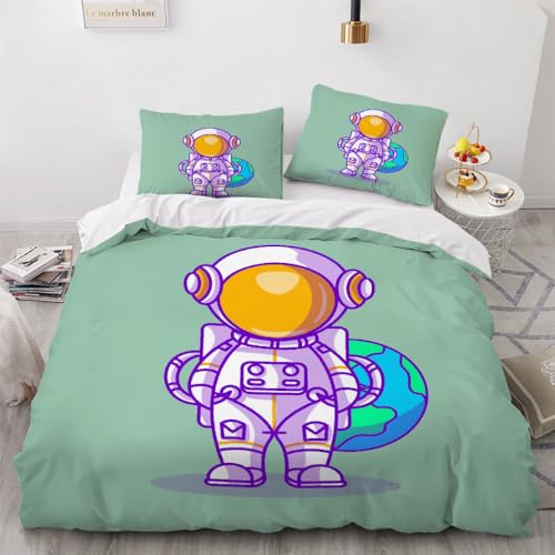 Bettwäsche200x200cm Kawaii Weltraum Astronaut Bettwäsche 3 teilig mit 2 Kissenbezug 80x80cm Bunte Stilvolle Gouache-Malerei Mikrofaser Bettbezüge Set mit Reißverschluss von Malaoshi