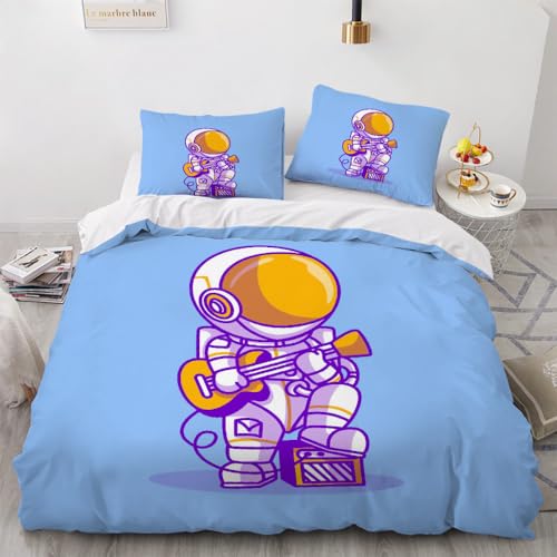 Bettwäsche220x240cm Kawaii Weltraum Astronaut Bettwäsche 3 teilig mit 2 Kissenbezug 80x80cm Bunte Stilvolle Gouache-Malerei Mikrofaser Bettbezüge Set mit Reißverschluss von Malaoshi