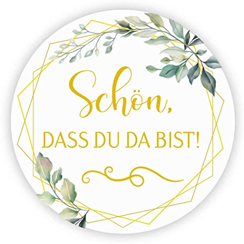 MameArt 100stk 4cm Aufkleber Hochzeit mit Kranz, Sticker für Hochzeit Gastgeschenk Taufe Kommunion Geburtstag Feste Geschenke Präsente (Schön DASS du da bist) von MameArt