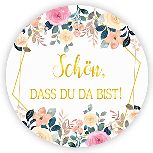 MameArt 100stk 4cm Aufkleber Schön dass du da bist, Sticker Hochzeit Gastgeschenk Taufe Kommunion Geburtstag Feste Geschenke Präsente (Schön 1) von MameArt