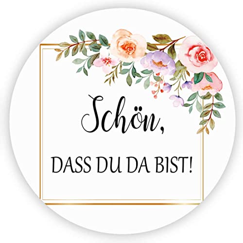 MameArt 100stk 4cm Aufkleber Schön dass du da bist, Sticker Hochzeit Gastgeschenk Taufe Kommunion Geburtstag Feste Geschenke Präsente (Schön 3) von MameArt