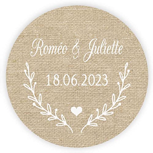 MameArt 50 Stück 4cm Hochzeit Aufkleber Personalisiert mit Namen, Aufkleber für Hochzeit Gastgeschenk Taufe Kommunion Geburtstag Feste Geschenke Präsente (Leinen) von MameArt