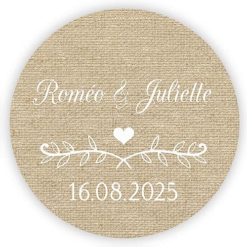 MameArt 50 Stück 4cm Hochzeit Aufkleber Personalisiert mit Namen, Aufkleber für Hochzeit Gastgeschenk Taufe Kommunion Geburtstag Feste Geschenke Präsente (Leinen 2) von MameArt