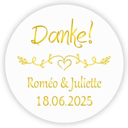 MameArt 50stk 4cm Aufkleber Hochzeit Personalisiert, Danke Stickers für Gastgeschenk Taufe Kommunion Deko Feste Geschenke Präsente (Gold) von MameArt