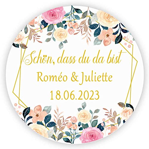 MameArt 50stk 4cm Aufkleber Personalisiert Hochzeit, Schön dass du da bist, Sticker Gastgeschenk Taufe Kommunion Geburtstag Feste Geschenke Präsente (Kranz A) von MameArt