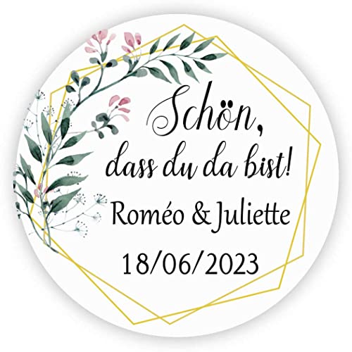 MameArt 50stk 4cm Aufkleber Personalisiert Hochzeit, Schön DASS du da bist, Sticker Gastgeschenk Taufe Kommunion Geburtstag Feste Geschenke Präsente (Kranz C), 3DE0207A von MameArt