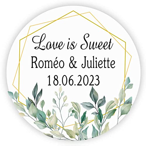 MameArt 50stk 4cm Personalisiert Aufkleber Hochzeit Love is Sweet Kranz, Sticker Hochzeit Gastgeschenk Taufe Kommunion Geburtstag Deko Feste Geschenke Präsente (Kranz A) von MameArt