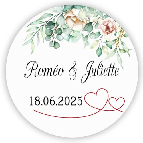 MameArt 50stk 4cm Personalisiert Hochzeit Aufkleber, Blumen Doppelte Herzen mit Namen Datum, Sticker für Hochzeit Gastgeschenk Taufe Geburtstag Feste Geschenke Präsente (Kranz A) von MameArt