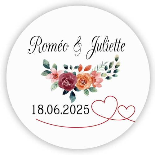 MameArt 50stk 4cm Personalisiert Hochzeit Aufkleber, Blumen Doppelte Herzen mit Namen Datum, Sticker für Hochzeit Gastgeschenk Taufe Geburtstag Feste Geschenke Präsente (Kranz E) von MameArt