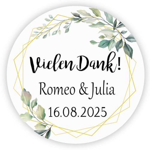 MameArt 50stk 4cm Personalisiert Hochzeit Aufkleber, Danke mit Namen Datum, Sticker für Hochzeit Taufe Kommunion Geburtstag Feste Geschenke Präsente (Kranz A) von MameArt