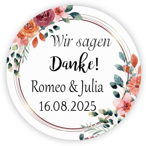 MameArt 50stk 4cm Personalisiert Hochzeit Aufkleber, Danke mit Namen Datum, Sticker für Hochzeit Taufe Kommunion Geburtstag Feste Geschenke Präsente (Kranz E) von MameArt