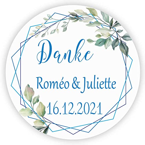 MameArt 50stk 4cm Personalisiert Hochzeit Aufkleber, Danke mit Namen und Datum Sticker für Hochzeit Gastgeschenk Taufe Kommunion Geburtstag Feste Geschenke Präsente (Blau) von MameArt