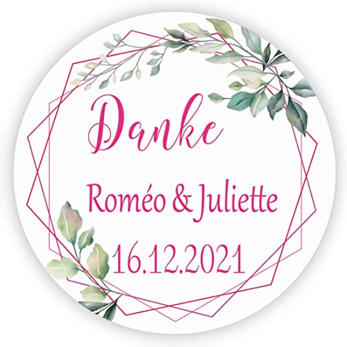 MameArt 50stk 4cm Personalisiert Hochzeit Aufkleber, Danke mit Namen und Datum Sticker für Hochzeit Gastgeschenk Taufe Kommunion Geburtstag Feste Geschenke Präsente (Rosa) von MameArt