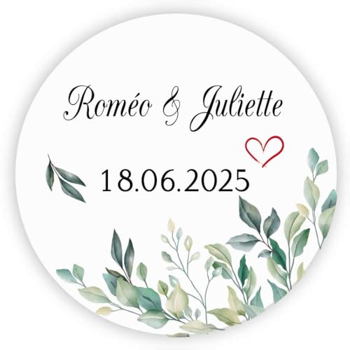 MameArt 50stk 4cm Personalisiert Hochzeit Aufkleber, Kranz Herz mit Namen Sticker für Hochzeit Gastgeschenk Taufe Kommunion Geburtstag Feste Geschenke Präsente (Kranz H) von MameArt