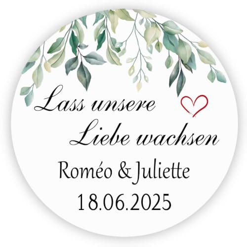 MameArt 50stk 4cm Personalisiert Hochzeit Aufkleber, Lass unsere Liebe wachsen mit Namen Datum, Sticker für Hochzeit Taufe Geburtstag Feste Geschenke Präsente (Herz A), 3DE0801A von MameArt